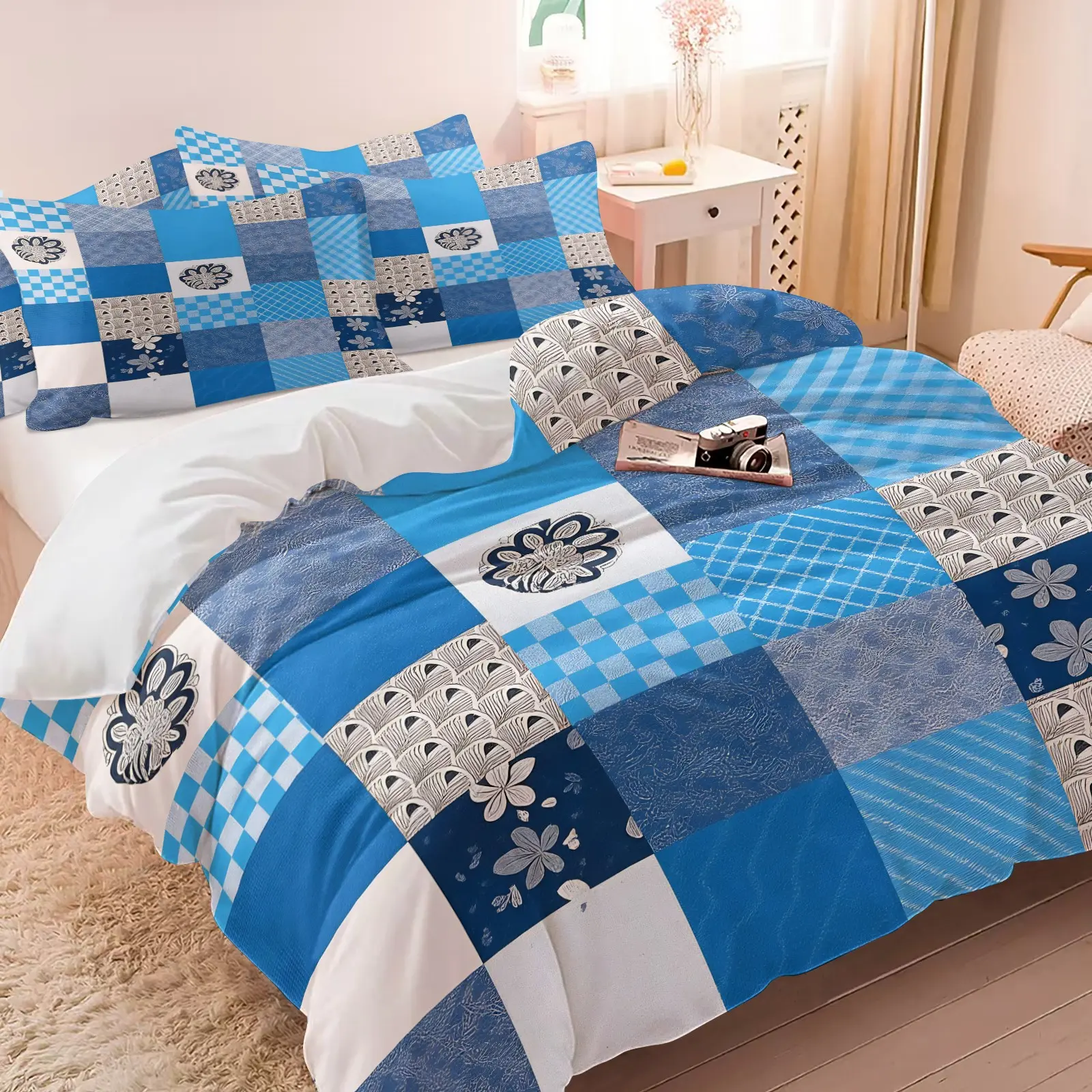 Blue Tone Patchwork Duvet Cover Set, 1 Duvet and 1-2 Coreless Pillowcases, Blue and White Checkered Multi-Pattern Patchwork, Soft Bedding, Summer Sea Breeze Refresh Feeling Bedroom Decor, Gift Choice