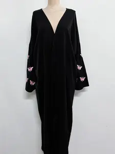 Abayas Exquisite Embroidered Butterfly Cardigan Solid Color Elegant Sundress with Elegant Design