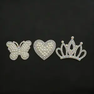 15 Pcs Pearl Rhinestone Butterfly Heart Crown Fabric Stickers, Self-Adhesive/heat Transfer, DIY Patch Decor for Clothes Bags Hats Shoes
