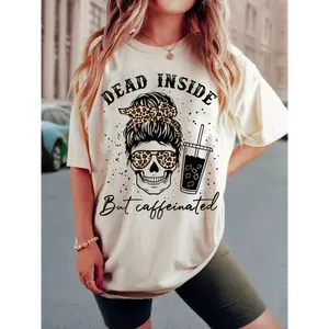Leopard Skull Print Crew Neck T-Shirt, Casual Short Sleeve Top For Spring & Summer, Women's Clothing Fabric Womenswear