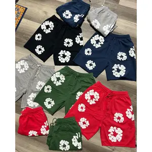 Quick-Dry High-Waist Sport Shorts & Unisex Flower Puff Print Hoodie Joggers Set – 3D Foam Print Y2K Hip-Hop Tracksuit, Cotton Kapok Foam Print, Loose Fit Athletic Gym Shorts, Streetwear Running Set