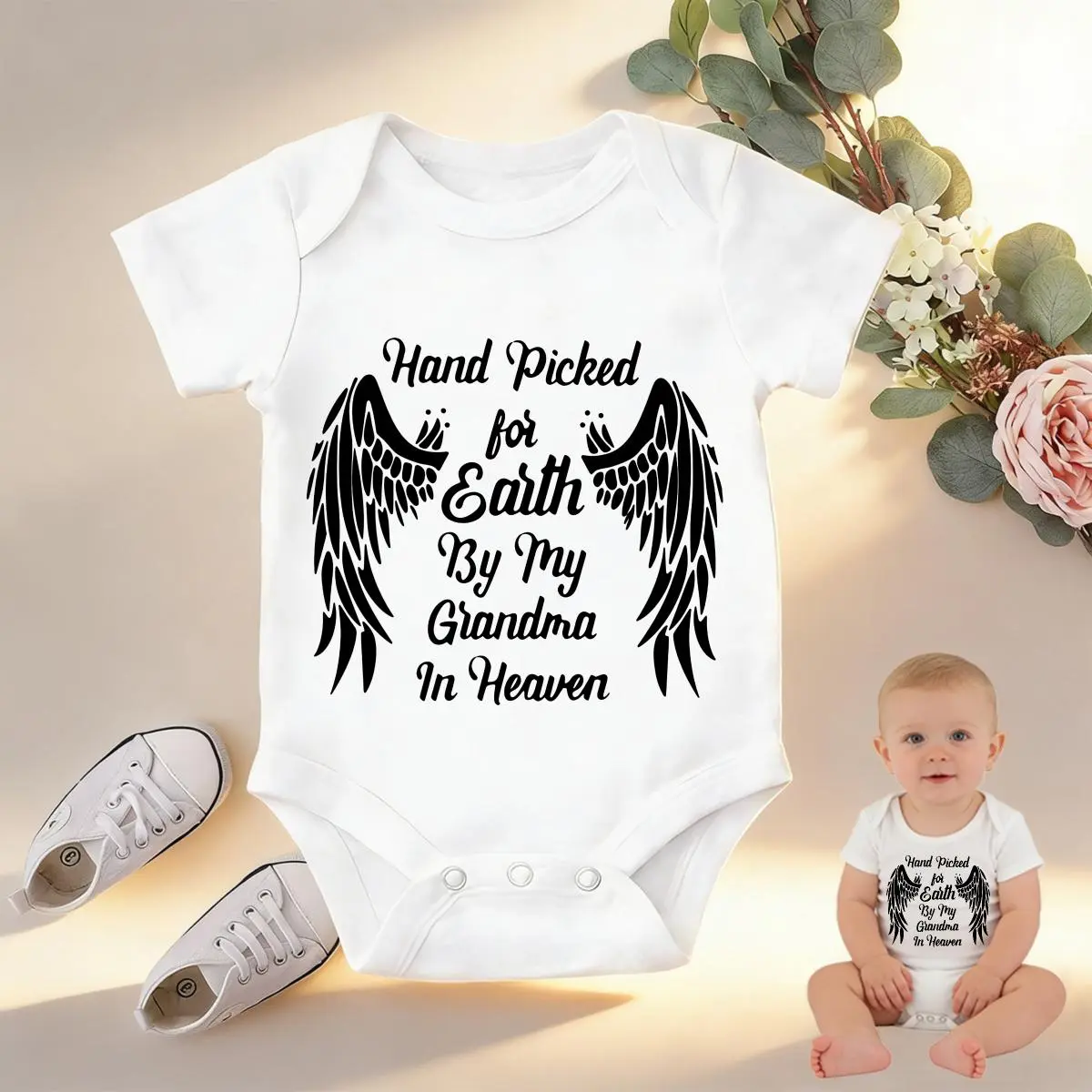 Baby Onesies Hand Picked For Earth By Grandma In Heaven Wings Print 100% Pure Cotton Non-Irritating Snap Closure Breathable Stretchy Perfect For Gifting & Everyday