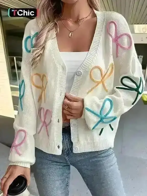 2026 Sweet Temperament Three-dimensional Flower Loose Long Sleeve Sweater Autumn Winter Colorful Bow V Neck Cardigan Women, Womenswear, Easy Care and Wrinkle Resistant, Provides Soft Skin Friendly Comfort