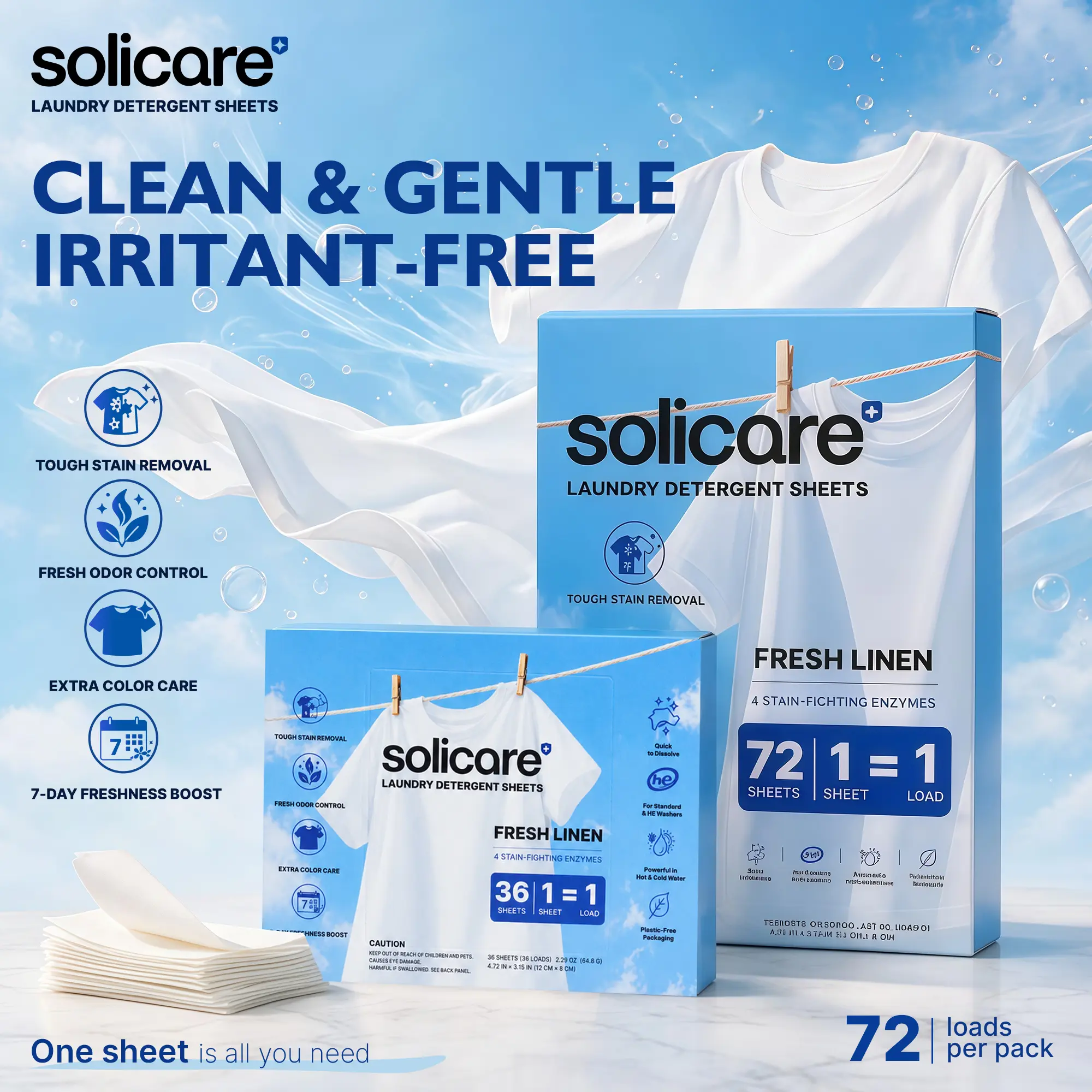Solicare Laundry Sheets, Linen Fresh / Fragrance-Free Hypoallergenic, Quick Dissolve & No Residue, Family Pack, 72 Sheets Per Box, Ideal for Home & Travel, Compatible with HE and All Washing Machines