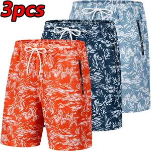 3-Pack Men’s Tropical Print Quick-Dry Swim Trunks, Summer Casual Beach Shorts, Pool Party Must-Have, with Zipper Pockets for Added Security