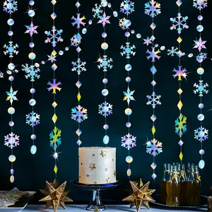 65Ft Winter Wonderland Snowflakes Decorations Iridescent Snowflake Garland- Shimmer Holographic Paper Snowflakes Streamers for Iridescent Party Decor Christmas Frozen Themed Birthday  Shower Decor
