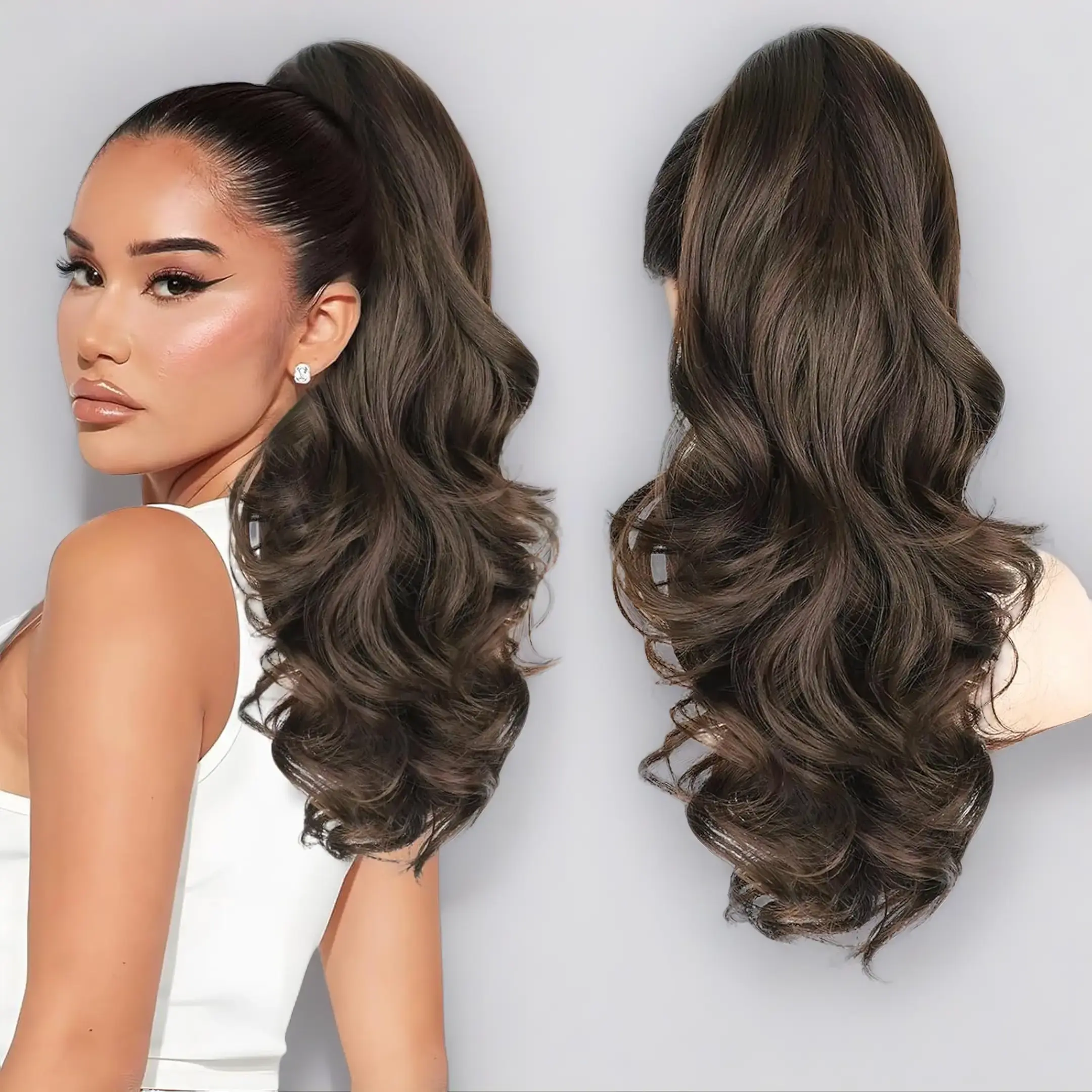 Long Curly Ponytail Extension Clip,18 Inch Curly Pony Tail Clip in Hair Extensions for Women,Dark Chocolate Brown Clip on Pony Tails Hair Extensions Synthetic Hair Wavy