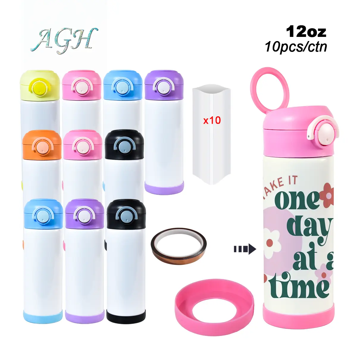AGH 10pcs 12 oz Sublimation Blank Kids Sports Water Bottle with Mixed Color Handle Lids, Rubber Bottom and Shrink Wrap