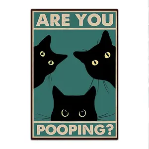 Funny Black Cat Wall Art - "Are You Pooping?" Vintage Bathroom Decor Poster - Retro Gothic Home Decor for Apartment or House, 8 x 12 Inch
