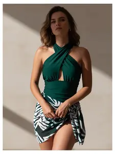Emerald Green Swimsuit for Women with Zebra Print Cover Up; Halter Bathing Suit; Cutout One Piece Swimwear; 2 Piece Swimsuit Set; Summer Beach Pool Vacation Outfit