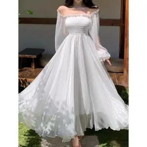 ElegantMaxiDressesForWomenWhiteOffShoulderPuffLongSleeveElasticHighWaistPartyGownRuffleHolidayDress