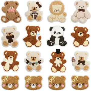 16pcs Curly Bear Embroidery Fabric Patches with Hot Melt Glue, Iron-On Appliques for DIY Crafts, Jeans, Jackets, Bags, Hats Decoration