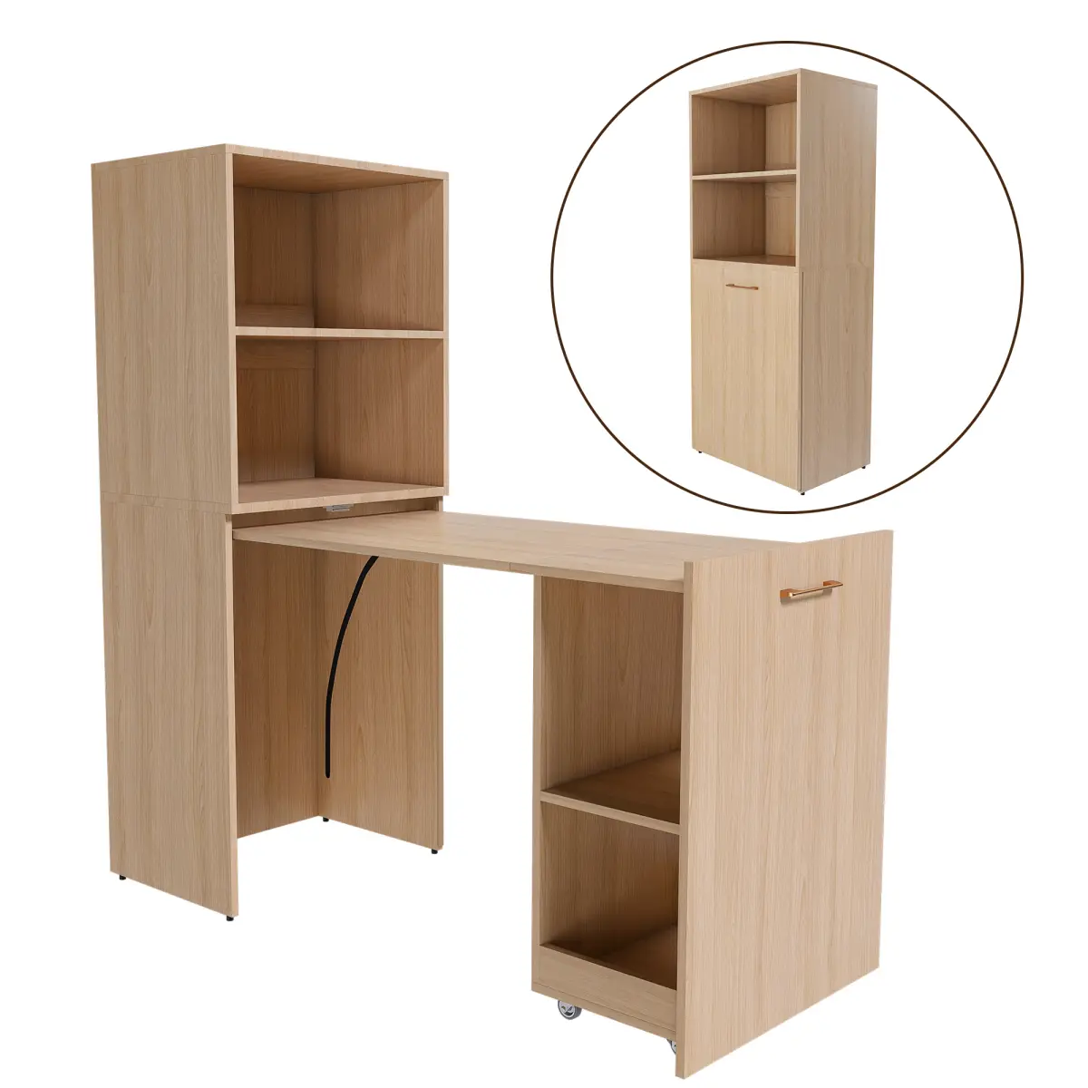 Expandable Foldable Desk with Storage Shelves and Wheels, Space Saving Office Desk for Small Spaces, Rolling Computer Desk with Adjustable Length for Home Office Apartment