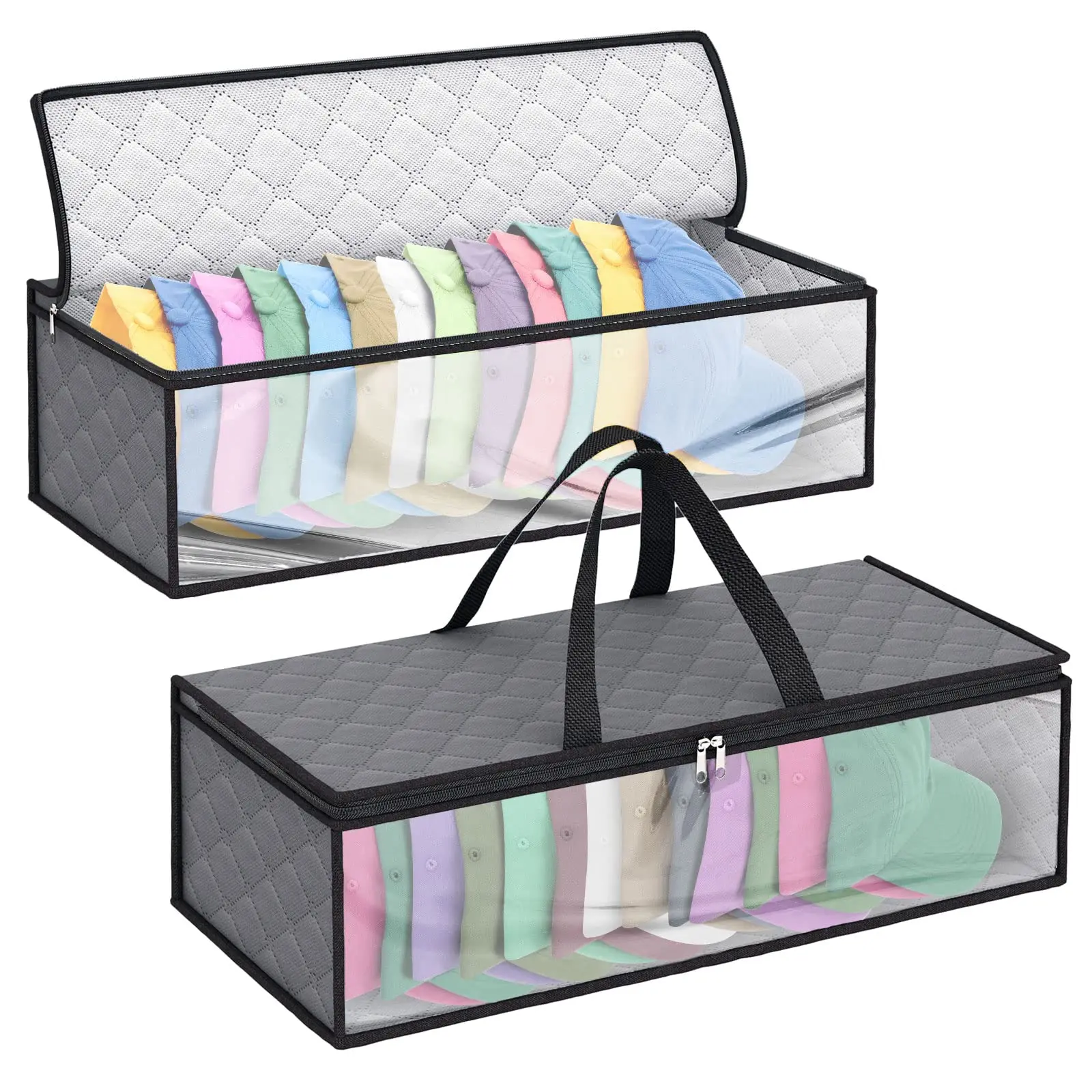 2-Pack Durable Grey Foldable Multifunctional Baseball Cap Storage Bags - Drawer, Closet Hat Organizer with Transparent Top, Box Design, 2 Carry Handles, Dustproof Zipper, Double Reinforcement, Holds Up to 20 Hats for Indoor/Travel Organization Ideas