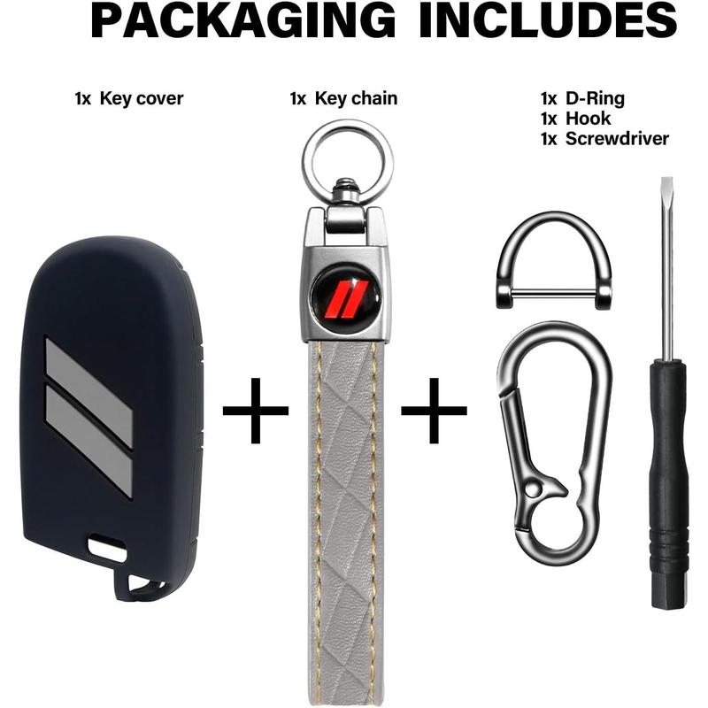 for Dodge Key Fob Cover with Keychain for Dodge Charger Challenger Dart Durango Journey Replacement Remote Control 3 4 5 Buttons Key Fob Shell (Gray Trim, 1 PC)