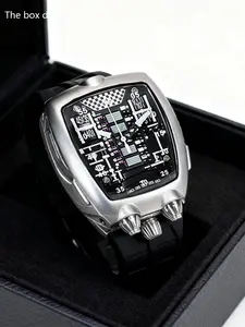 A men's all black adhesive tape skin friendly soft wine barrel shaped exquisite fashion black and white color full personality cool and cool casual quartz watch