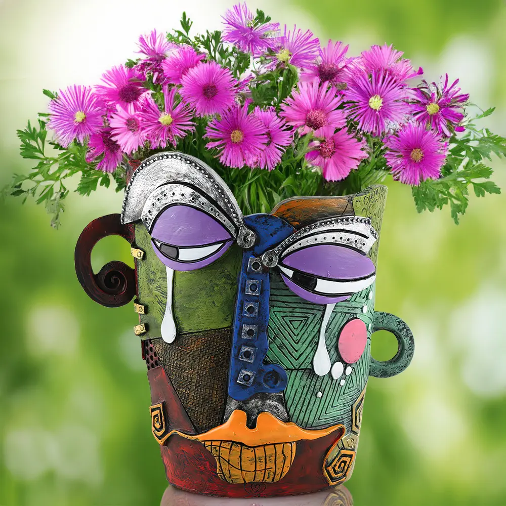 u-wonderful Resin Abstract Crying Motif Decorative Vase for Flowers - 0-50 cm 1L Irregular Picasso-Style Head Planter, Colorful Surrealist Vase with Glasses Holder, Quirky Modern Home Tabletop Centerpiece, Art Gift for Plant Lovers, Decorative Vases