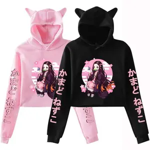 Japanese Anime Kamado Nezuko Cross-Border Sweet Girl Fashion Crop Top Cat Ear Sweatshirt Fleece Short Hoodie