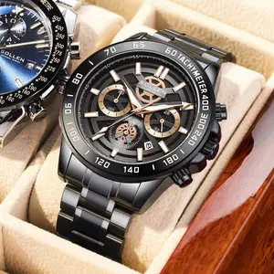 SOLLEN Men's Sports Chronograph Watch - Large dial with date & triple sub-dials, 24-hour multi-functional quartz, solid steel strap, perfect as a gift for birthdays, Valentine's Day, wedding anniversaries, for husbands/boyfriends - 722