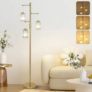 Gold Crystal Floor Lamps for Living Room, Dimmable 3 Lights Modern Standing Lamp with Crystal Shade, Dimmer Switch, 65" Industrial Tall Tree Lamp, Vintage Brass Corner Lamp for Bedroom