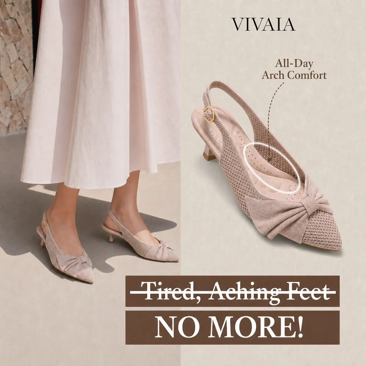 VIVAIA Arch Support Pointed Toe Mesh Bow Slingback Kitten Heels, Comfortable Heels, Wedding Shoes, Summer Heels, Breathable Mesh, Suitable for Dinner, Commute, Summer Party, Weddings, Slingback Sandals, Summer Sandals (Sanna)