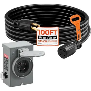 VEVOR 30 Amp Generator Cord and Power Inlet Box, 100 FT, 125/250V NEMA L14 - 30P to L14 - 30R Heavy Duty Extension Power Cord, SJTW 10AWG 7500W, Pre - Drilled Inlet Box, for Generator to House, ETL ListedVEVOR Super Brand Day