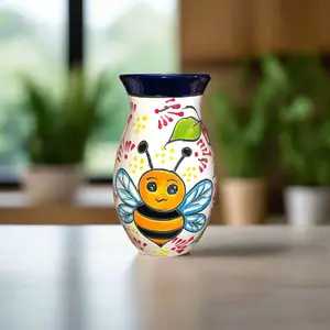 Talavera Vase with Bumble Bee Art | Hand-Painted Mexican Pottery