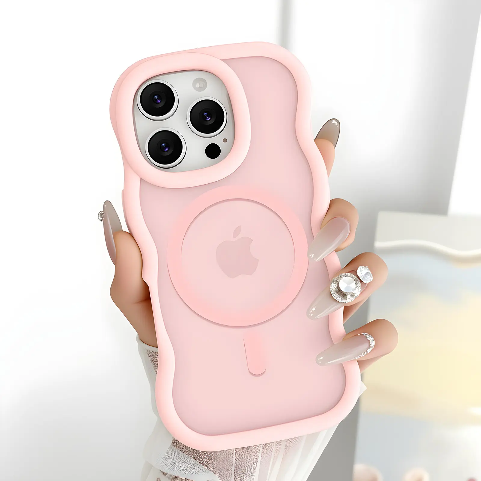 Magnetic Wavy Frame MagSafe Snap-On iPhone Case - Translucent Matte Hard Back, Shockproof Silicone Protection, Glam Smartphone Accessory