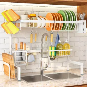 Over The Sink Dish Drying Rack, Adjustable (26.8" to 34.6") Large Dish Drainer Drying Rack for Kitchen Counter with Multiple Baskets Utensil Sponge Holder Sink Caddy, 2 Tier (White)