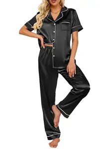 DAKIMOE Silk Satin Pajamas Set for Women Two-Piece Short Sleeve Shirt with Long Pajama Pant Set Soft Button Down Loungewear Nightwear Pjs Sleepwear for Women