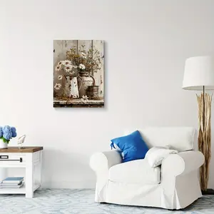 (Framed Frameless Poster Optional)  Rustic Farmhouse Floral Canvas Wall Art Featuring White Jasmine and Rusty Watering Cans, A Painting Style Print for Living Room Ornaments or Flower Decoration with Wood Box Artistic Appeal.