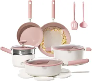 CAROTE Ceramic Cookware Set Nonstick, 15pcs Pots and Pans Set Non stick, Non Toxic Cookware,Dishwasher,RV/Camping Cookware Set, Pan and Pot with Kitchen Utensils, Pink