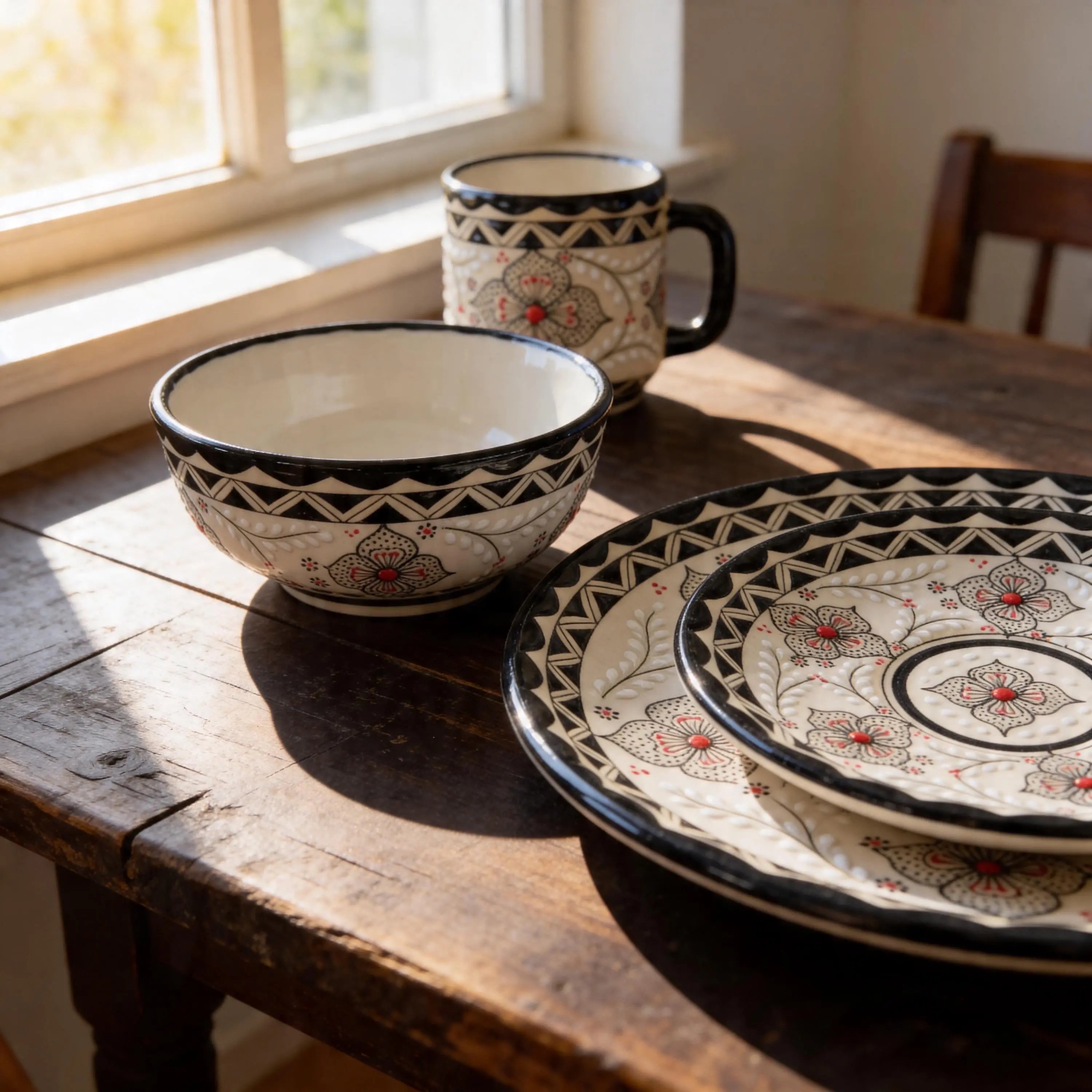 Mexico-Style 4-Piece Handcrafted High-Fired Stoneware Ceramic Tableware Set - Durable, Aesthetic Dinnerware for Everyday Kitchen Dining, Each Set Is 1 of a Kind