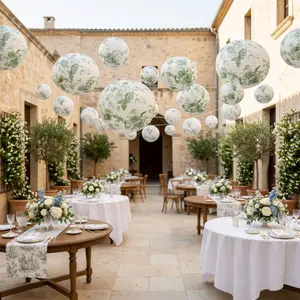 Set of 8 Hanging Paper Lanterns French Toile White with Sage Green Floral Pattern, Decorative Lanterns - 6", 8", 10", 14"