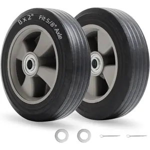 8" x 2" Flat-Free Solid Rubber Tire and Wheel with Ball Bearings and 5/8" Axle Bore Hole, 2" Offset Hub, For Hand   Trolley Garden Wagon Cart Generator Replacement Tire, 2 Pack
