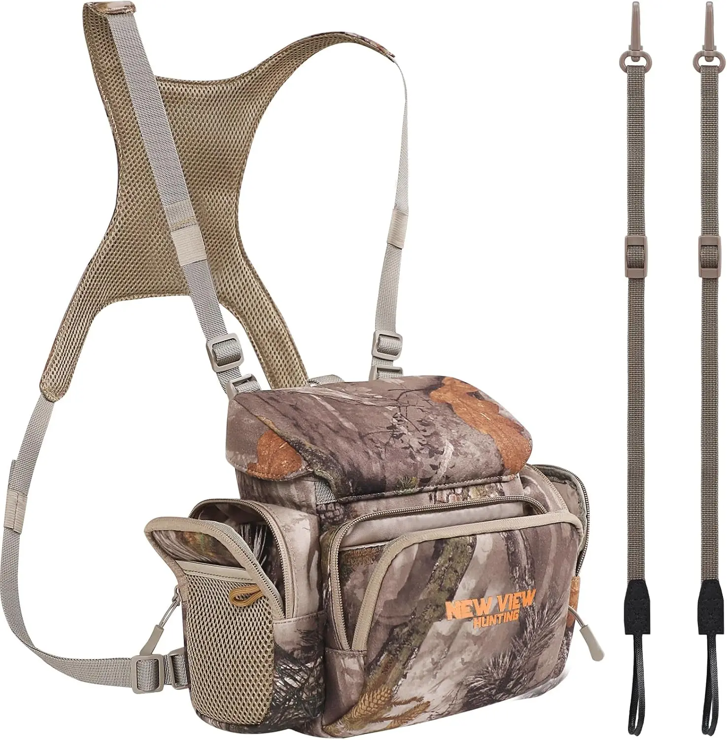 NEWVIEW Bino Chest Pack for Hunting & Hiking, Quiet Leaf Camo Brushed Fleece Backpack with Fixed Rangefinder Pocket & Built-in Rain Cover, Hiking Daypacks, Silent, Adjustable Straps