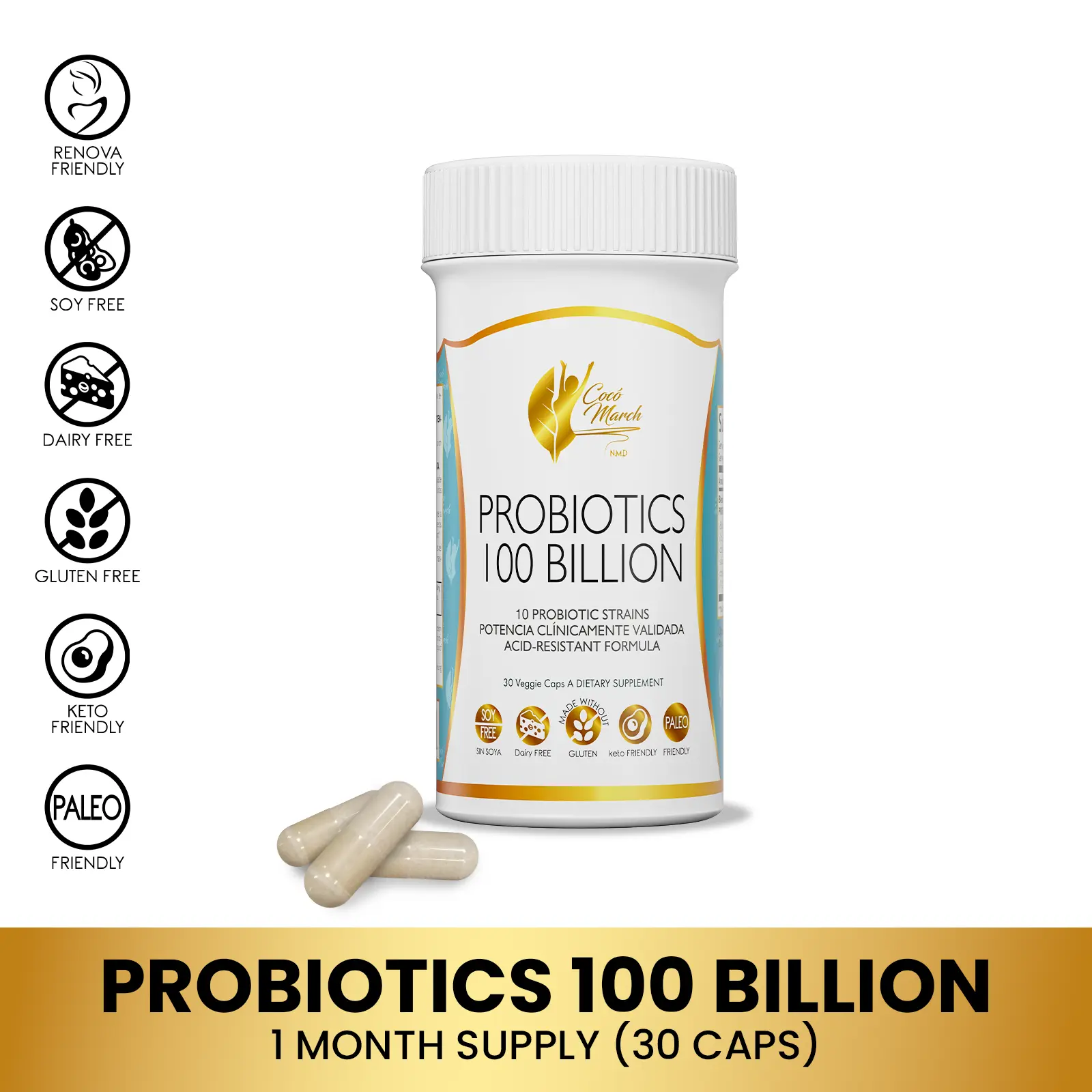 Cocó March N.M.D Probiotics 100 Billion Dietary Supplement, Digestive Health Support Wellness - 30 Capsules per Container Fitness Natural