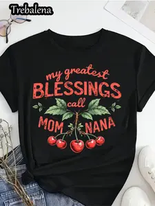 Plus Size, "Women's Casual Crew Neck T-Shirt with ""My Greatest Blessings Call Me Mom And Nana"" Print, Geometric-Pattern, Regular Length, All-Season Summer & Spring Fashion"