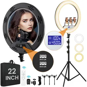 22in Large Ring Light with Stand,512pcs Bulbs Big Ring Light with 75" Tripod for /LED Display/4 Clips/2 USB Ports,2600K-6500K Dimmable Barber Light,for  Video Recording  Lash Makeup