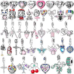Pink Zircon Charms 925 Sterling Silver Cherry Pendant Original Cross Heart Clover Clip Charm DIY Jewelry For Bracelet Jewelry