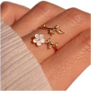 Birthstone Flower Rings For Women Non Tarnish Gemstone Cubic Zirconia Mother of Pearl Adjustable Size 7-11 Silver Rose 14K Gold Plated Birth Jewelry Gift For Birthday