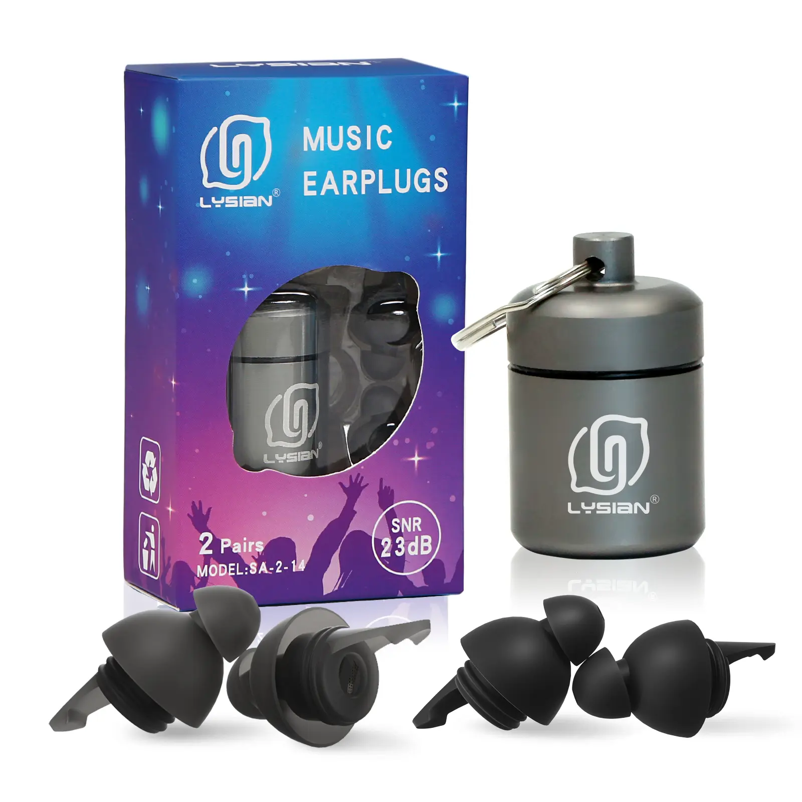 Lysian High-Fidelity Waterproof Earplugs, 23dB SNR Noise Reduction, Non-Toxic Washable Reusable Earplugs for High-Fidelity Music, Drummers, Musicians (2 Pairs), Noise Reduction Filter Ear Plugs, Ergonomic Design, Sound Isolation, High-Frequency Noise Ear