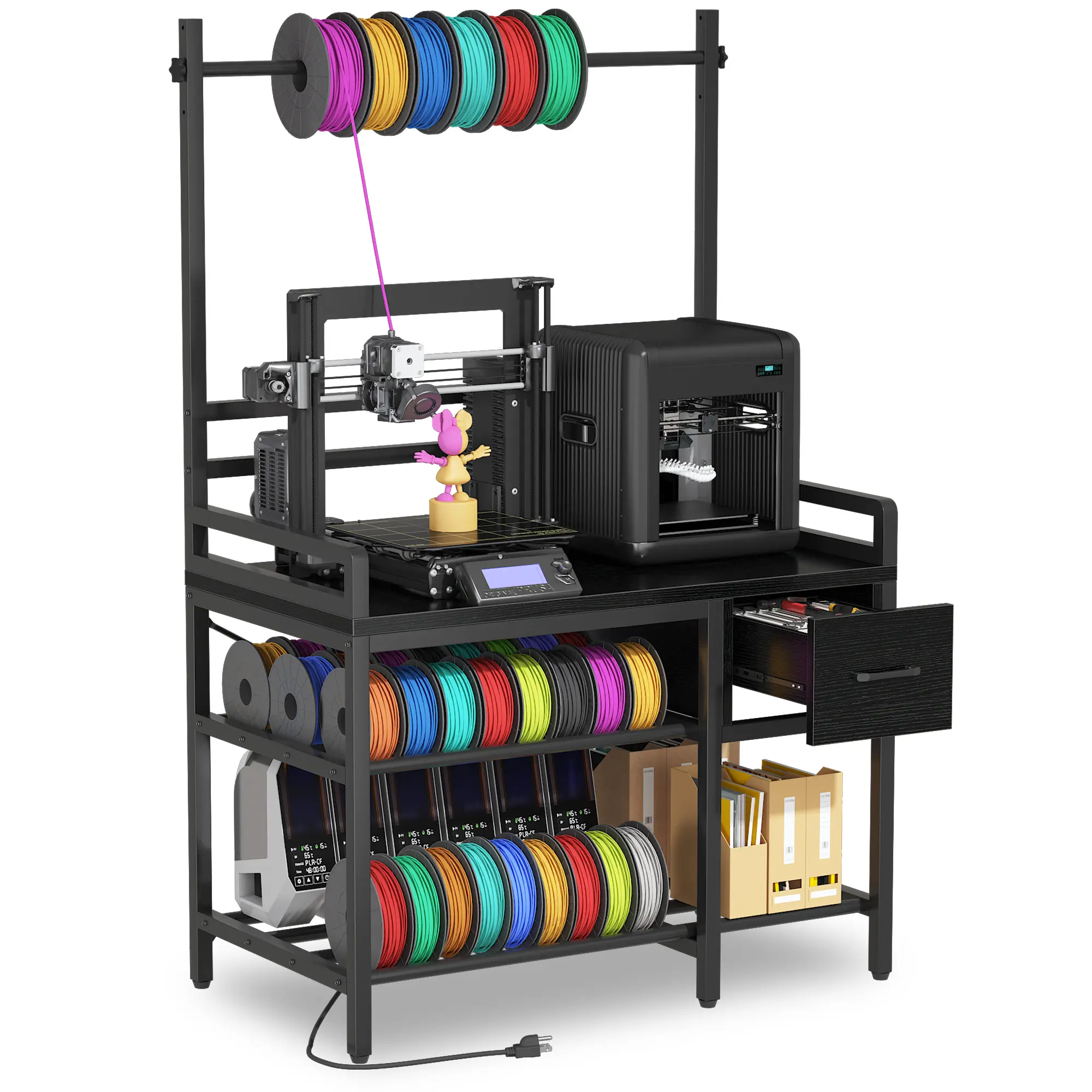 3D Printer Stand with Filament Storage – Heavy-Duty Metal 3D Printer Table with Drawers and Power Hub for Workshops, Studios, and Offices