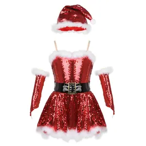 Kids Girls Christmas Costume Straps Sequins Tutu Dress with Hat and Sleeves