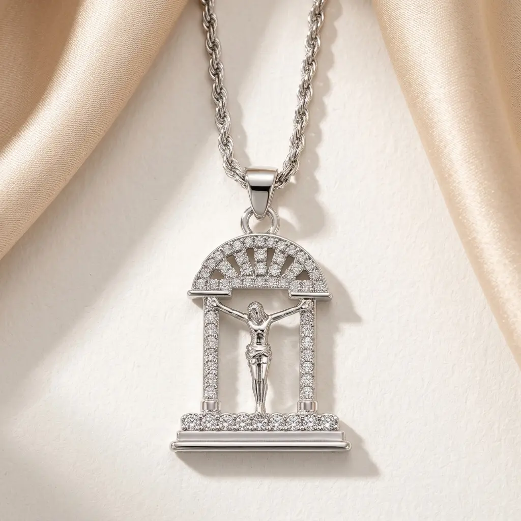 Iced Mini Crucifix Pendant, 3mm Rope Chain, 24" Length Fashion Costume Jewelry Charm