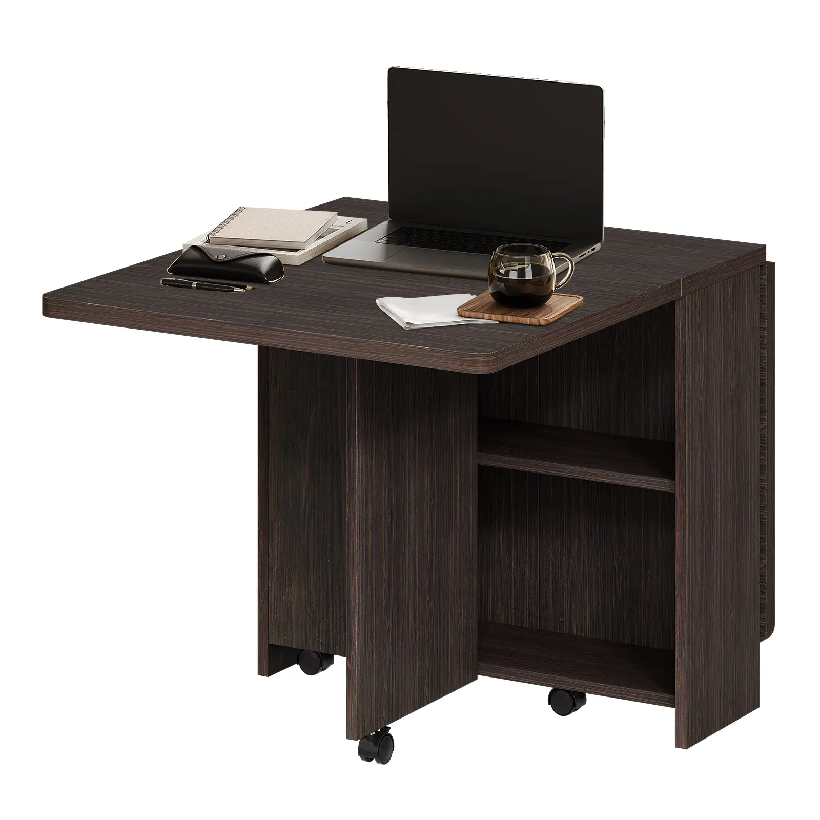 Multipurpose Folding Modern Dining Table with Drop Leaf - 2-Tier Storage Shelf - 6 Wheels for Easy Movement - Space-Saving Collapsible Portable Kitchen Table, Portable Table