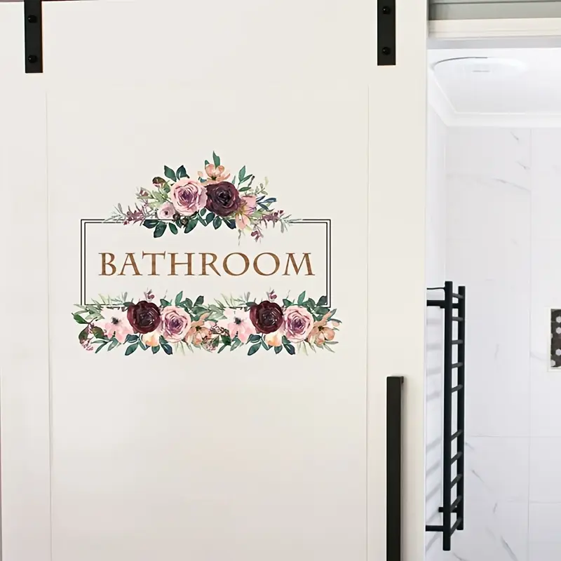 Bathroom romantic rose door sticker wall sticker, hotel homestay office decoration bathroom bathroom door self-adhesive painting removable PVC Decorative Wall Sticker Door Decorations Floral Wall Decals Floral Stickers