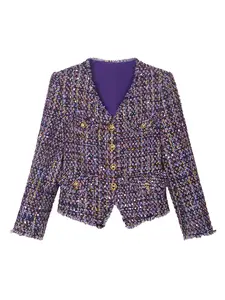 Women's Plaid Print V Neck Tweed Fashion Fit Jacket, Elegant Casual Hand-drawn Combed Tweed Outerwear for Spring & Fall, Ladies Clothes for Daily Wear, Coats