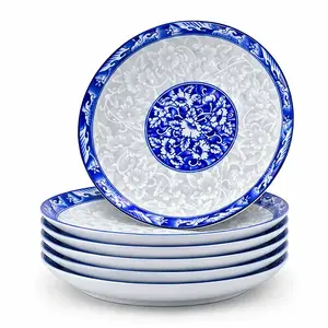 4pcs 9Inch Blue and White Porcelain Heavy-Duty Plate Classic Chinese Chinoiserie Style Round Shallow Dish Featuring Traditional Floral Pattern Elegant Decorative Ceramic Serving Plate for Fruit Salad Dessert Dining Tableware