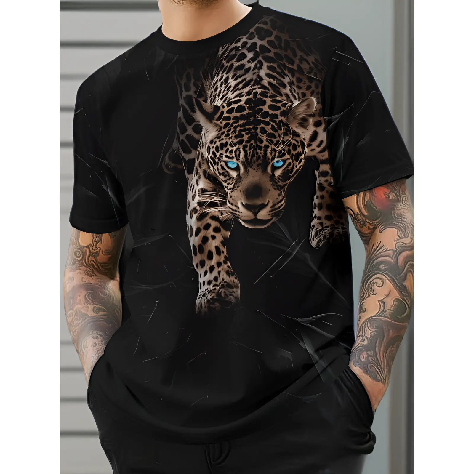 Men's 3D Blue-Eyed Cheetah Print Polyester Knit Short-Sleeve T-Shirt - Round Neck, Regular Fit, Casual Sport, Outdoor Wear, Stretch, Machine Washable, Plus Size, Year-Round Comfort Sports Top, Animal Print